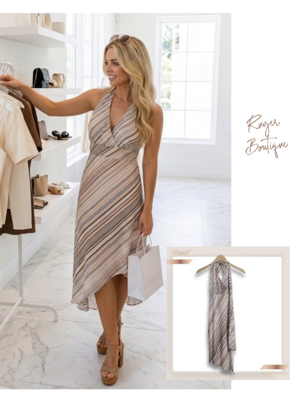 🌿Taunt Women's Medium Beige Tan Striped Halter Faux Wrap Dress With Back Ties